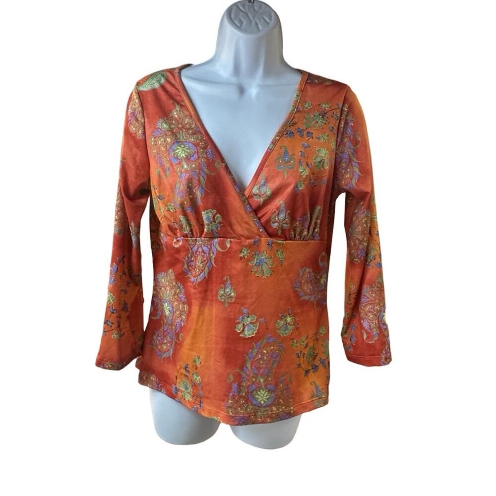 Georgiou Studio Boho Paisley Surplice Top Orange Stretch 3/4 Sleeve L